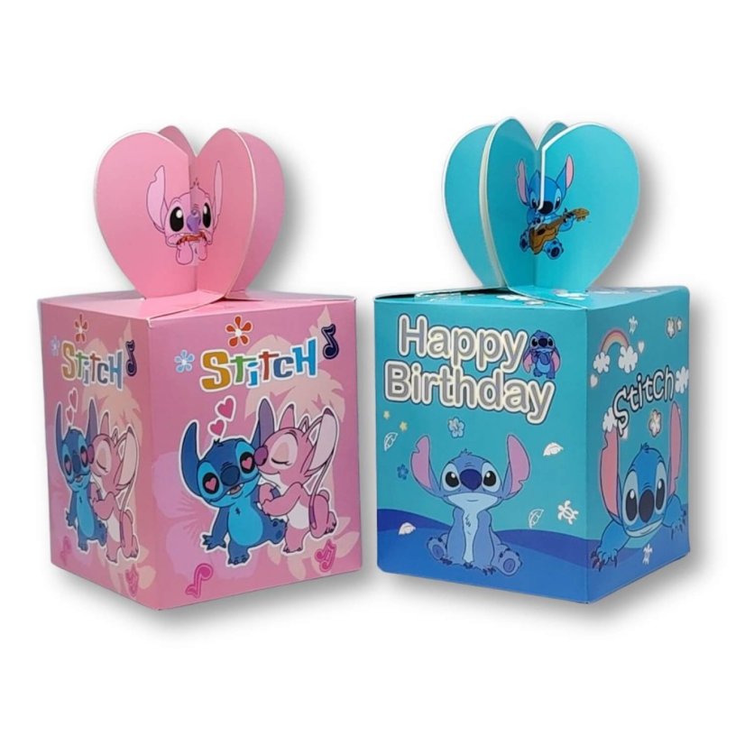 Dva detské darčekové boxy s motívom Lilo a Stitch v modrej a ružovej farbe.