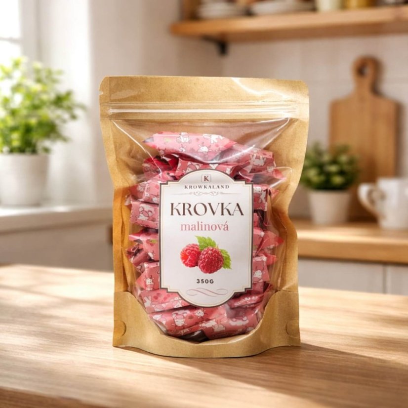 Krowkaland krovka malinová 350 g – balenie v kuchyni
