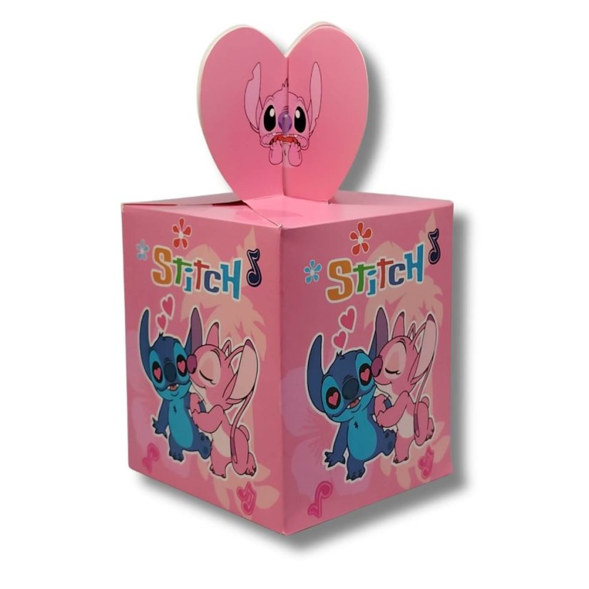 Ružová darčeková krabička s motívom Stitch a Angel s uzáverom v tvare srdiečka.