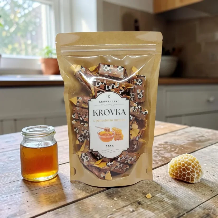 Krovka s prírodným medom 350 g Krowkaland v doypack balení na stole.