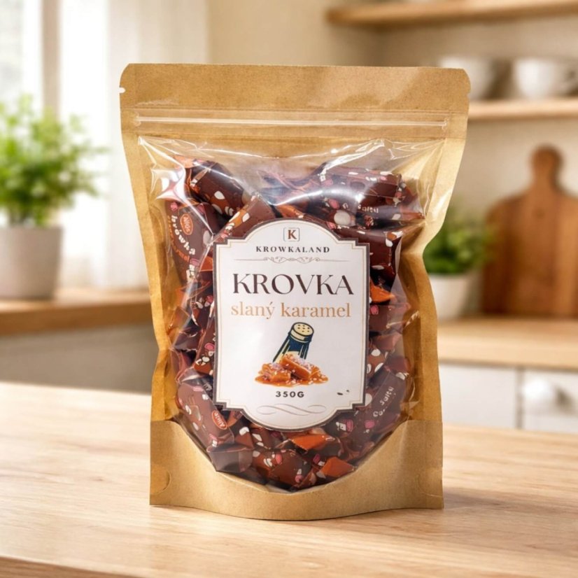 Krowkaland krovka slaný karamel 350 g – balenie v kuchyni