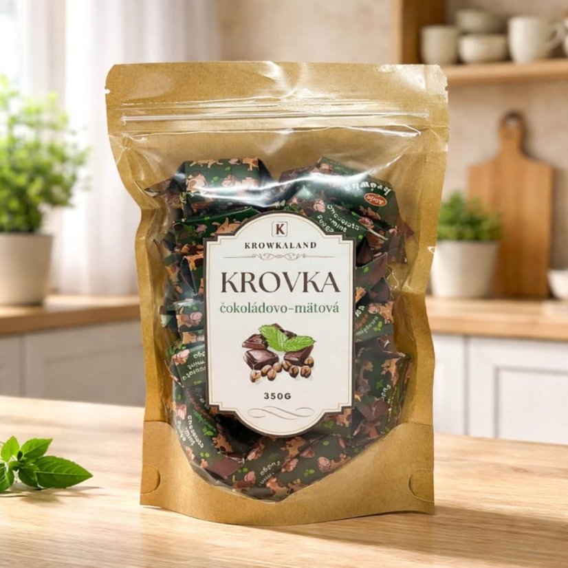 Krowkaland krovka čokoládovo‑mätová 350 g – balenie v kuchyni